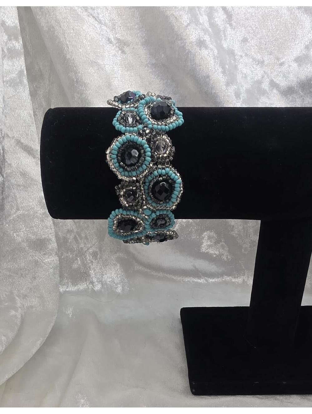 Hand Beaded Crystal Bracelet Turquoise Black Seed Bead Statement Bracelet